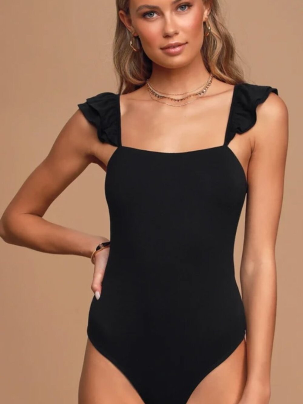 Repeat After Me Black Sleeveless Ruffled Bodysuit